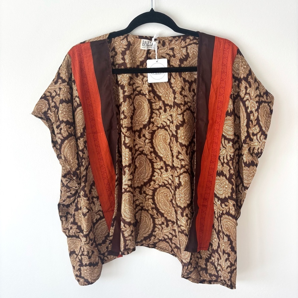 Baizaar Sari Shrug 100% Silk Brown Orange Floral Paisley Kimono Boho NWT